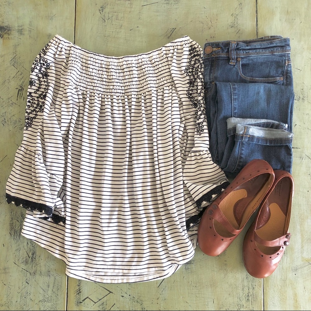 Maurices Navy and White Stripe Bell Sleeve Top